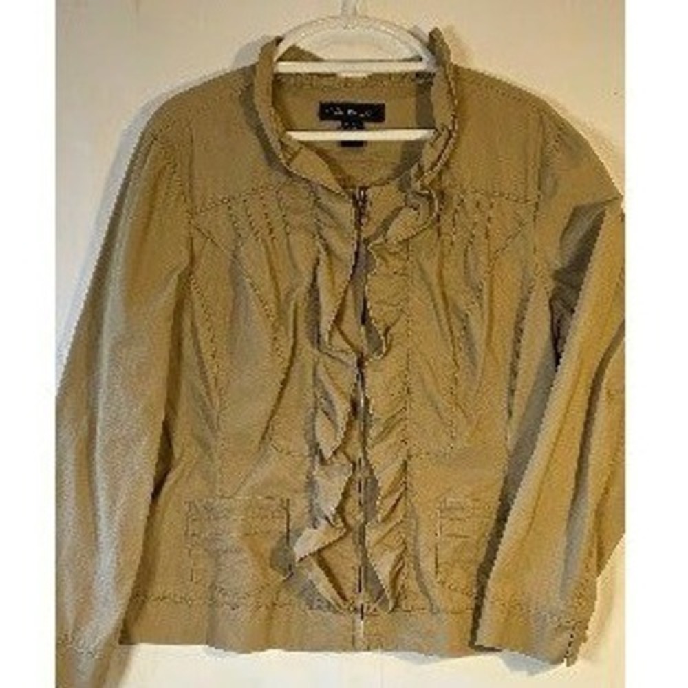 Christiana Zinn Womens 1X Khaki Tan Ruffle Zip Front Cotton Blend Jacket Coat